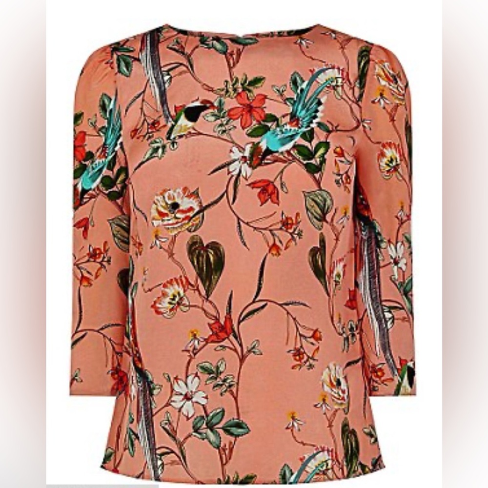 Silk Warehouse Floral Bird Print Silk Blouse — Small
